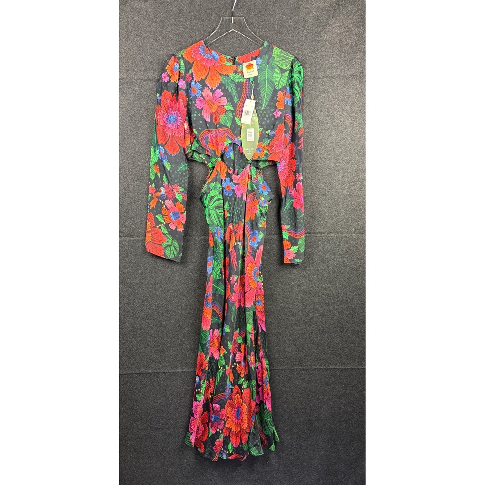 Farm Rio Blooming Garden Black Cut Out Midi Dress Floral Long Sleeve L NWT